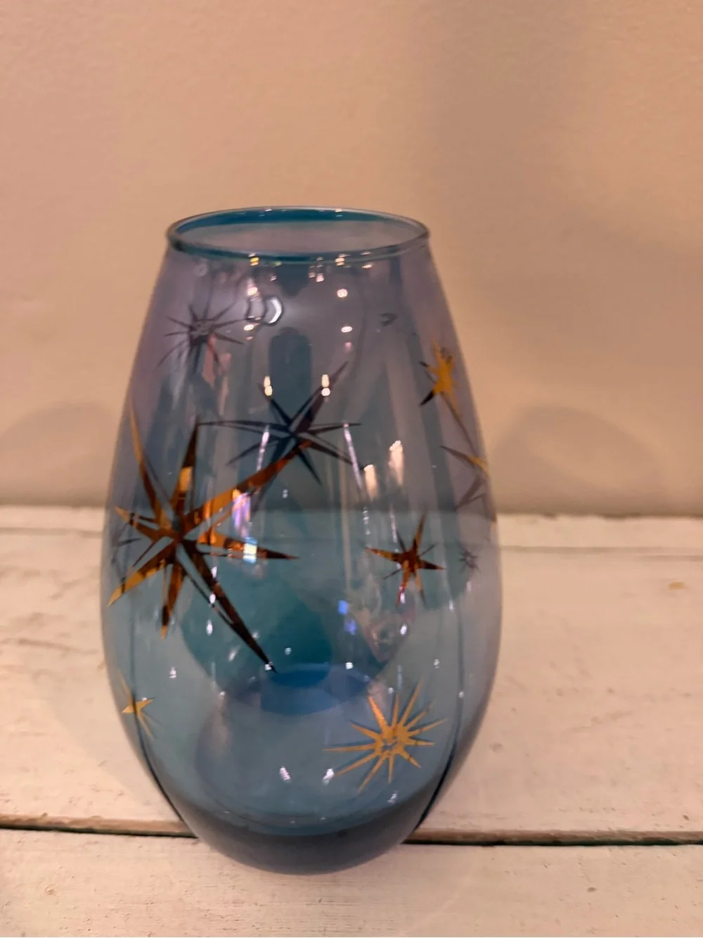 Vintage Bartlett Collins MCM Art Glass Retro Blue Vase Gold Atomic Starburst